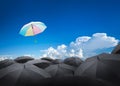 abstract umbrella flying over many black umbrellas with beautiful sky, leadership background concept.