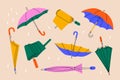 Abstract umbrellas. Set of hand drawn cartoon umbrellas, open, folded parasol, accessory for rainy days. Minimal vector