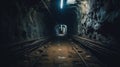 Abstract underground empty technical tunnel in the mine, rails for the trolley, wide angle