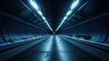 Abstract underground illuminated empty technical tunnel, wide angle, metallic dark blue color