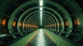 Abstract underground illuminated empty technical tunnel, wide angle, metallic green color