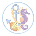 Abstract underwater composition. Ship anchor with chain and cute purple sea horse and seashell. Pastel color. Sea collection.