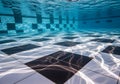 Abstract underwater swimming pool perspective showcasing sunlight ripples and checkered tiles Royalty Free Stock Photo