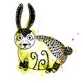 Abstract unusual cute bunny magic forest watercolor blots and splashes black line art silhouette