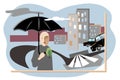 Abstract urban landscape. Man with an umbrella and city street with road, cars, skyscraper. Flat design style