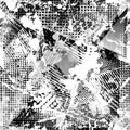 Abstract urban seamless pattern. Grunge texture background. Scuffed drop sprays, triangles, dots, black and white spray