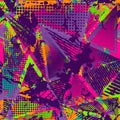 Abstract urban seamless pattern. Grunge texture background. Scuffed drop sprays, triangles, dots, neon spray paint