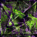 Abstract urban seamless pattern. Grunge texture background. Scuffed drop sprays, triangles, dots, neon spray paint