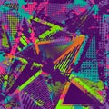 Abstract urban seamless pattern. Grunge texture background. Scuffed drop sprays, triangles, dots, neon spray paint, splash. Urban