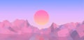 Abstract vaporwave landscape with sun rising over pink mountains and sea on calm pink and blue background