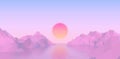 Abstract vaporwave landscape with sun rising over pink mountains and sea on calm pink and blue background Royalty Free Stock Photo