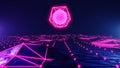 Abstract vaporwave synthwave neon videogame landscape with glowing low poly terrain grid