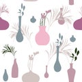 Abstract vases with palm leaves and dried flowers seamless pattern.Pastel colored hand drawn illustration.