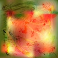 Abstract vector background in green, red and yellow shades. On the background, spots and lines created by bristle brush. Vector.