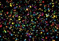 Abstract vector black background with many tiny confetti pieces. Colorful sguare randomly distributed. Party or festival backdrop