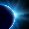 Abstract vector blue background with planet and eclipse of its star. Bright star light shine from the edge of a planet. Royalty Free Stock Photo