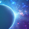 Abstract vector blue background with planet and eclipse of its star. Bright star light shine from the edge of a planet. Royalty Free Stock Photo