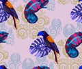 Vector chameleons and exotic birds pattern. Ethnic seamless pattern ornament. Vector pattern.