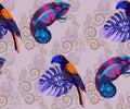 Vector chameleons and exotic birds pattern. Ethnic seamless pattern ornament. Vector pattern.