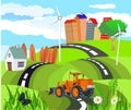 Abstract vector city. Countryside Road in green hills, tractor, Vector art