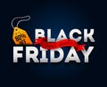 Black friday sale banner on dark blue background with yellow price tag. Royalty Free Stock Photo