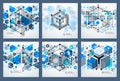 Abstract vector geometric isometric blue backgrounds set. Mechanical scheme, vector engineering drawing with cube and geometric m Royalty Free Stock Photo