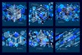 Abstract vector geometric isometric dark blue backgrounds set. M Royalty Free Stock Photo