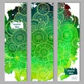 Abstract vector hand drawn doodle floral pattern card set. Green watercolor texture with white mandalas. Royalty Free Stock Photo