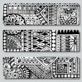 Abstract vector hand drawn ethnic pattern card set. Series of image Template frame design for card. Black and white Royalty Free Stock Photo