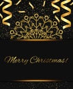 Abstract vector holiday background with dark frame, ribbons and golden snowflakes