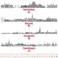 abstract vector illustration of Amsterdam, Brussels, Stockholm and Copenhagen city skylines in black and white color palette.