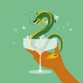 Abstract vector illustration of celebration new 2024 year with champagne saucer and green dragon inside