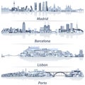 Abstract vector illustration of Madrid, Barcelona, Lisbon and Porto city skylines in light blue color palette with water reflectio