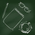 Abstract vector illustration with a notebook, pencil, glasses and a cup of coffee Royalty Free Stock Photo