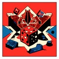 Abstract vector illustration of playing cards, dice and chips in red and blue colors Generative AI Royalty Free Stock Photo
