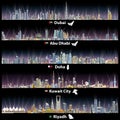 Abstract vector illustrations of Dubai, Abu Dhabi, Doha, Riyadh and Kuwait city skylines at night