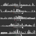 Abstract vector illustrations of Dubai, Abu Dhabi, Doha, Riyadh and Kuwait city skylines at night in grey scales color palette