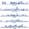 Abstract vector illustrations of Singapore, Kuala Lumpur, Bangkok, Jakarta and Manila skylines in light blue tones isolated on whi