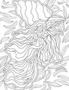 Abstract vector line drawing rooster beak open. Digital lineart image chicken foliage pattern background. Outline