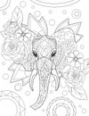 Abstract vector line drawing stylized elephant elaborate patterns floral decorations. Digital lineart image animal