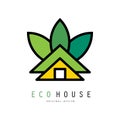 Abstract vector logo of green house. Eco friendly home. Original emblem for building company or real estate agency Royalty Free Stock Photo