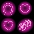 Abstract vector pattern with neon glowing hearts, horseshoe and dice