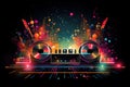 Abstract vector poster with colorful dj console, big speakers, fireworks, light bulbs, glitter, equalizer bars in background.