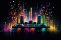 Abstract vector poster with colorful dj console, big speakers, fireworks, light bulbs, glitter, equalizer bars in background.