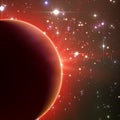 Abstract vector red background with planet and eclipse of its star. Bright star light shine from the edge of a planet.