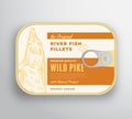 Abstract Vector River Fish Fillets Aluminium Container with Label Cover. Premium Canned Packaging Design. Retro