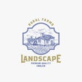 Abstract Vector Rural Farm Sign, Badge or Logo Template. Rustic Landscape Cabin Sketch in a Frame with Retro Typography