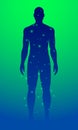 Abstract vector scene of naked man and flying light dots on a blue and green gradient background