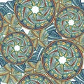 Abstract vector seamless ethnic pattern in green and orange color. Decorative ornament backdrop for fabric, textile, wrapping pape