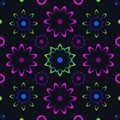 Abstract vector seamless floral pattern with abstract flowers leaves and circles on a dark background